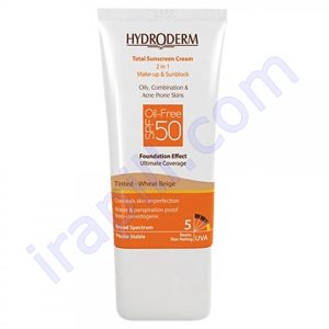 کرم ضدآفتاب SPF50 فاقد چربی با پوشش کرم پودری - بژ گندمی هیدرودرم 40 میلی لیتر