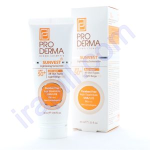 کرم ضد آفتاب و روشن کننده لک های پوست پرودرما SPF50 رنگ بژ روشن حجم 40 میلی لیتر